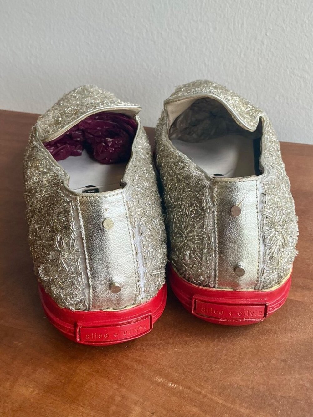 alice + oliva Silver Beaded + Studded Red Bottom Loafers - Picture 5 of 12